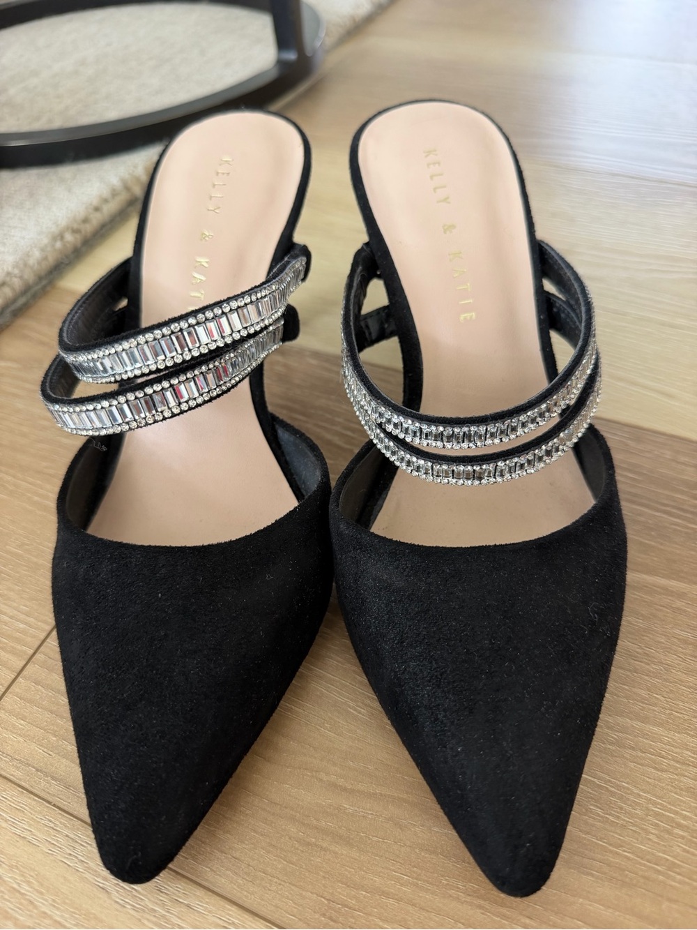Kelly & Katie Black Pointed-Toe Mule with Crystal Straps